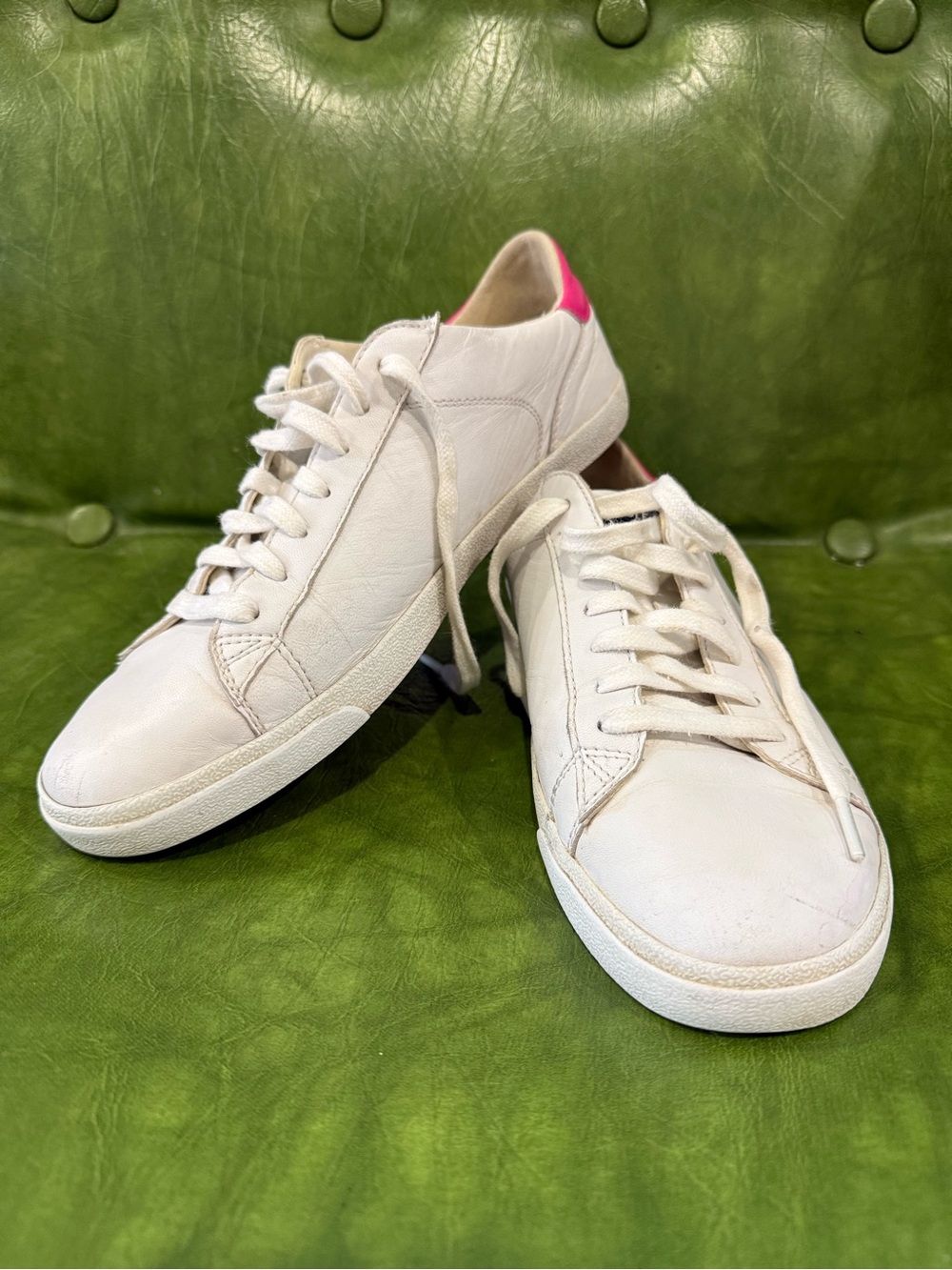 Women’s Cole Haan White Leather Sneakers with Pink Heel Accent